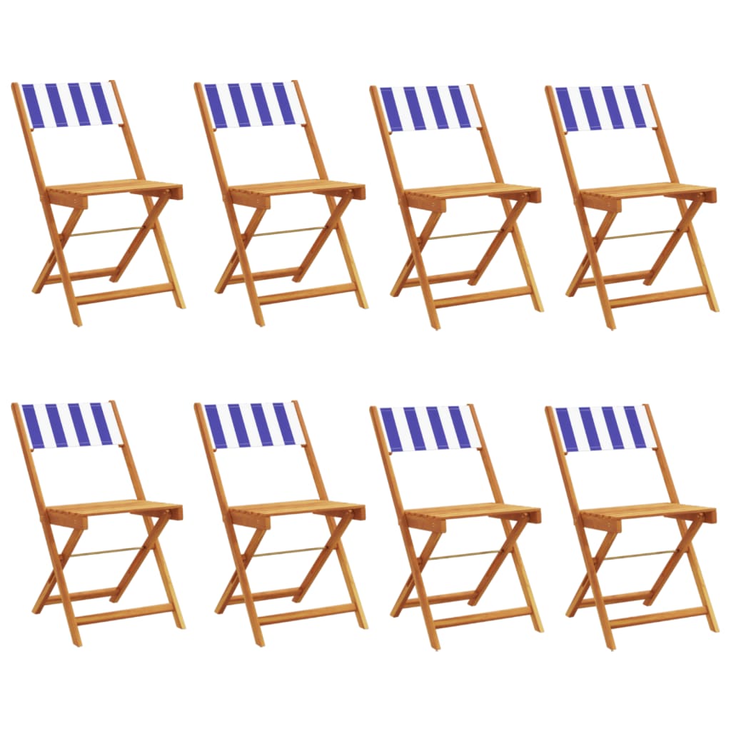 8-Piece Blue & White Fabric Folding Garden Chairs, Solid Wood