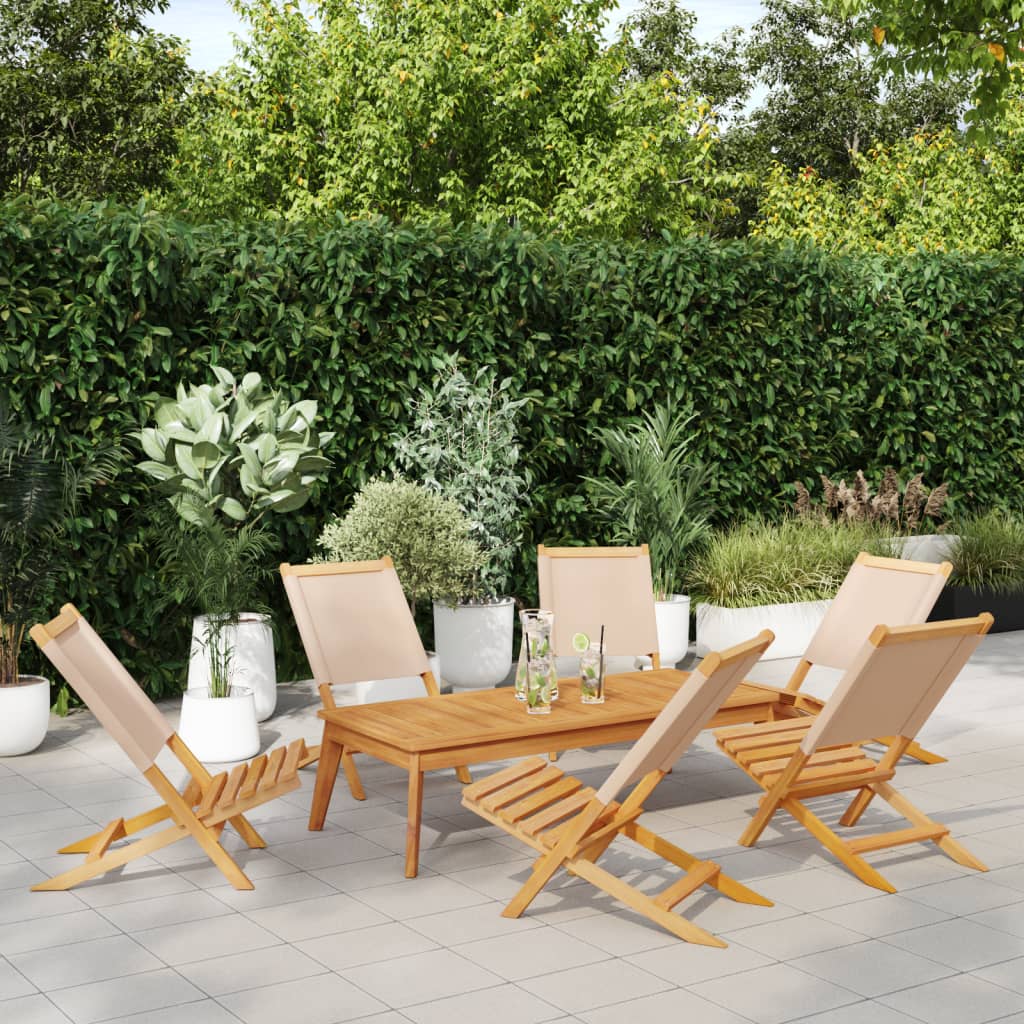 6 Beige Folding Garden Chairs - Fabric & Solid Wood