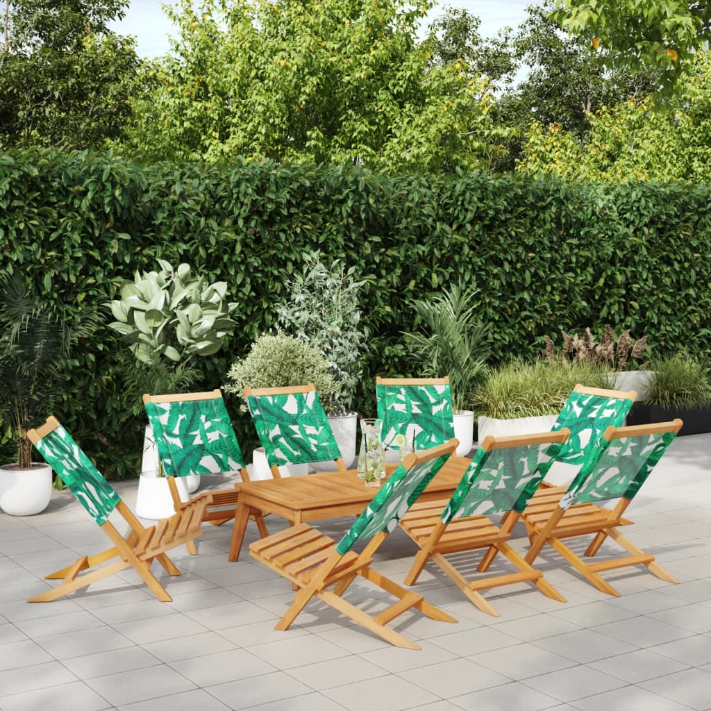 8-Piece Folding Garden Chairs Set, Green Fabric & Solid Wood