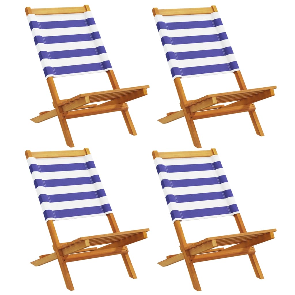 Blue/White Folding Garden Chairs, 4 pcs, Solid Wood & Fabric