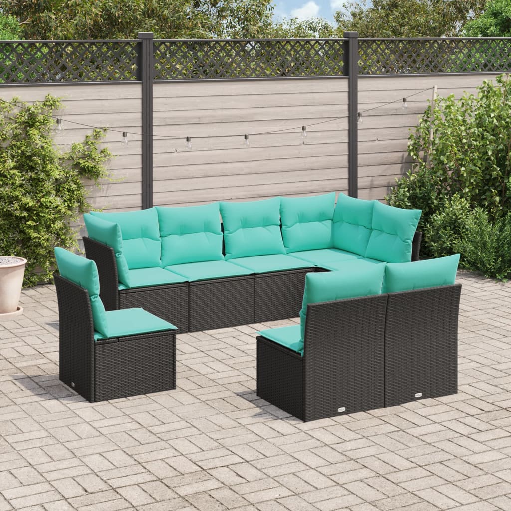 8 Piece Garden Sofa Set with Cushions Black Poly Rattan