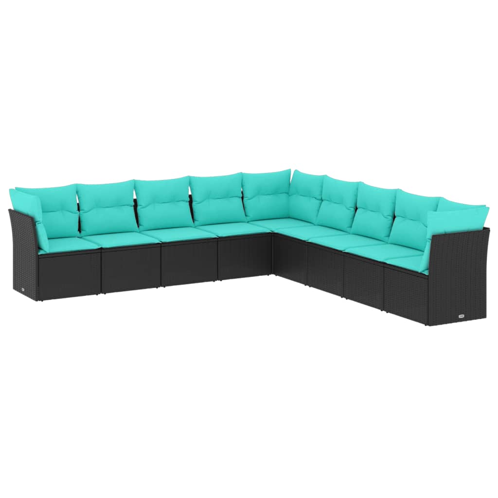 9 Piece Garden Sofa Set with Cushions Black Poly Rattan