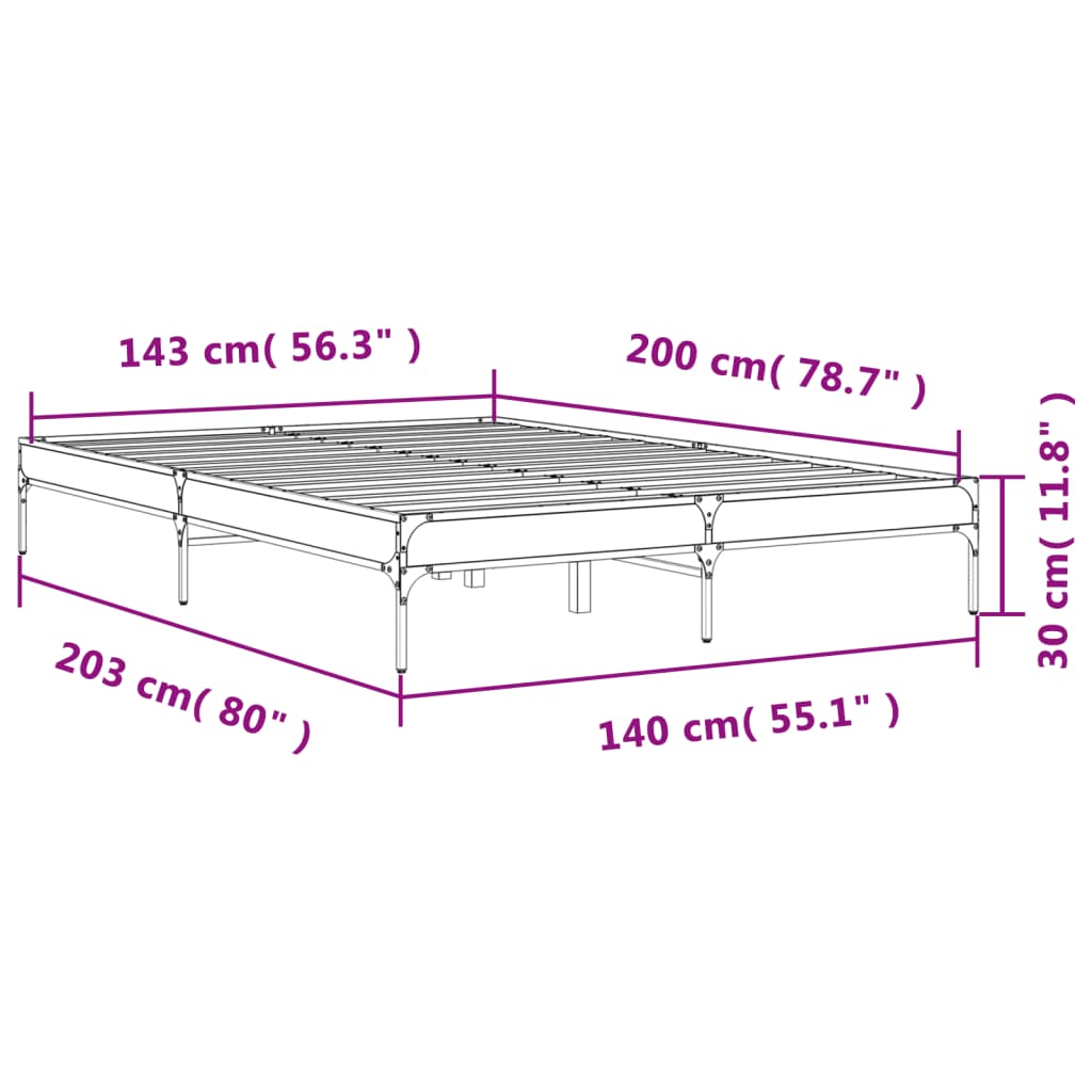Sleek Black Metal Bed Frame 140x200 cm - No Mattress Included