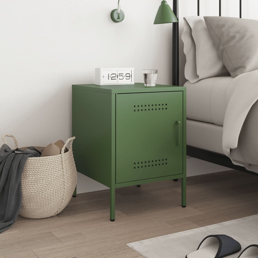 Olive Green Steel Bedside Cabinet - 36x39x50.5 cm