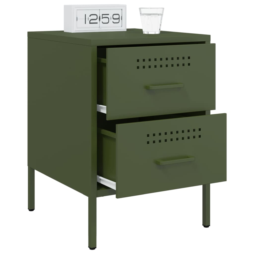 Olive Green Steel Bedside Cabinet - 36x39x50.5 cm