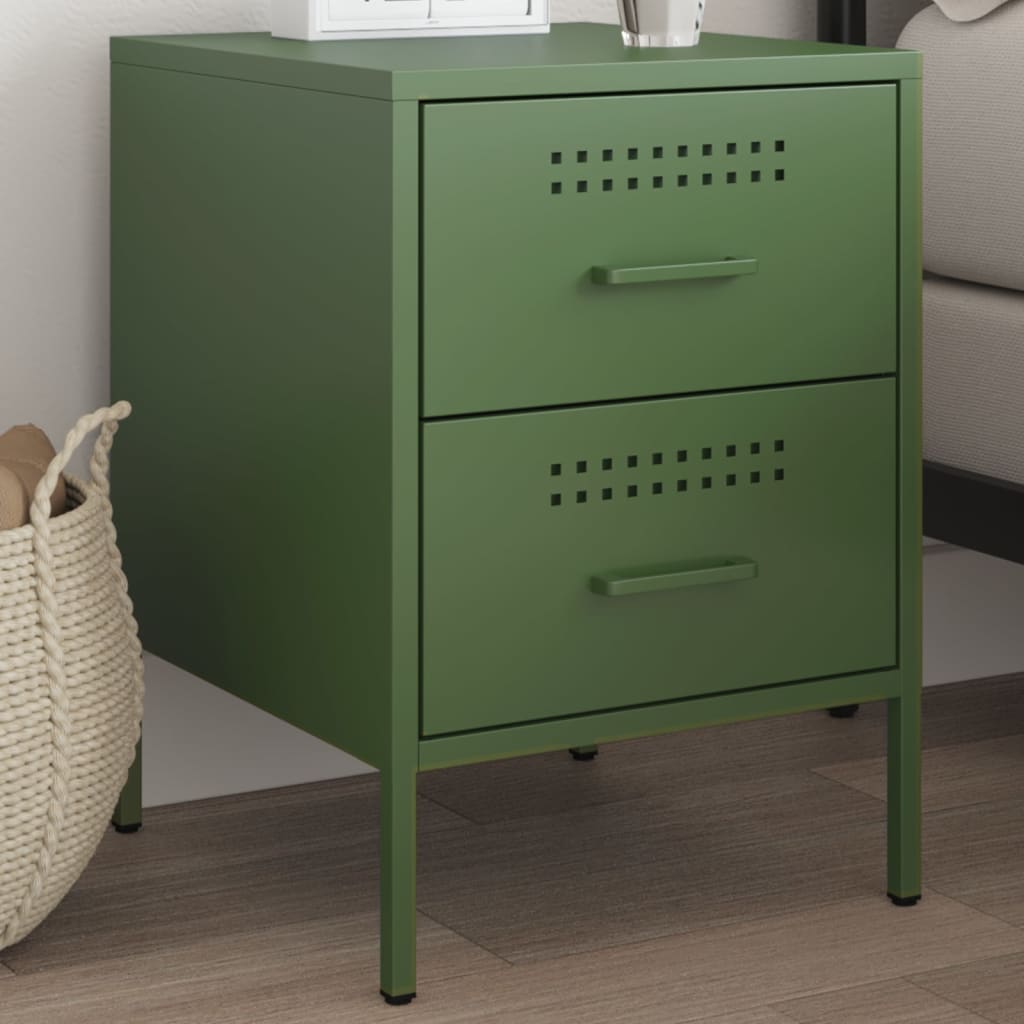 Olive Green Steel Bedside Cabinet - 36x39x50.5 cm