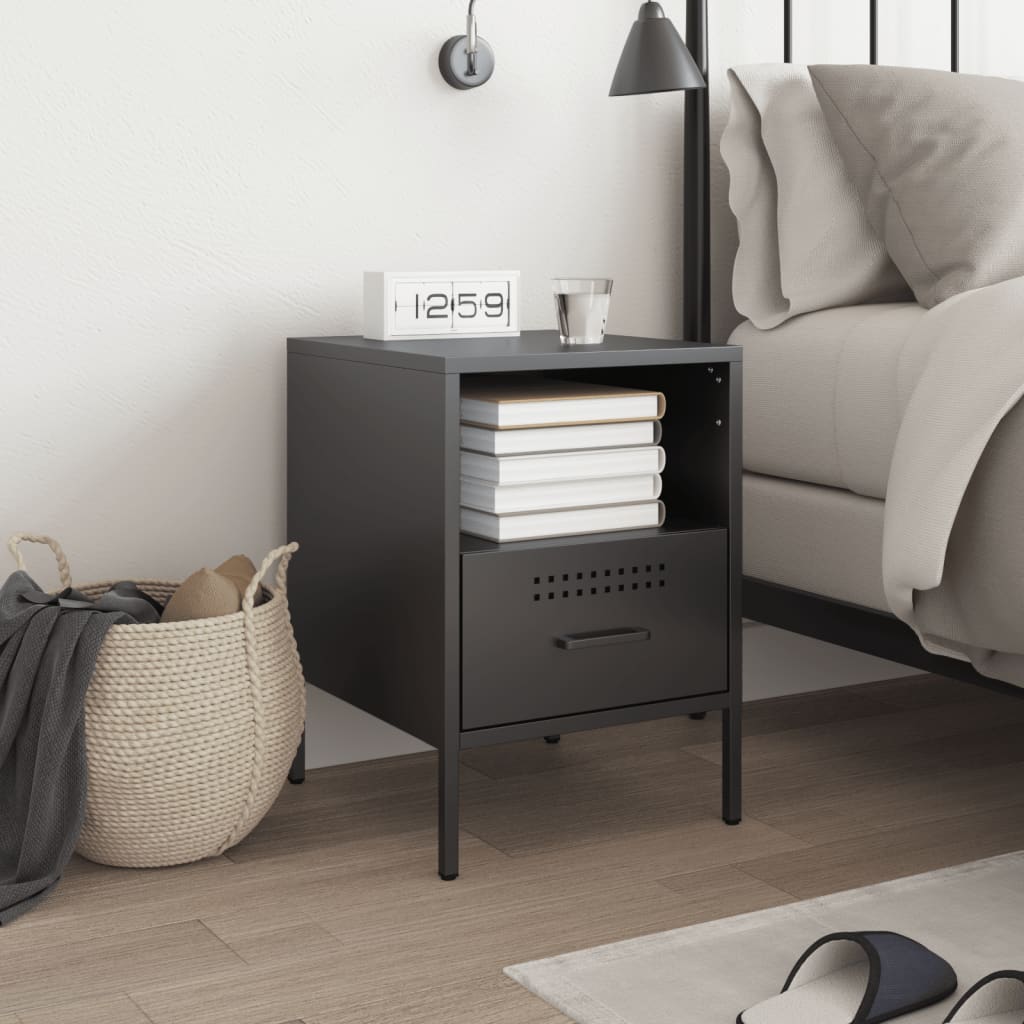 Sleek Black Steel Bedside Cabinet 36x39x50.5 cm