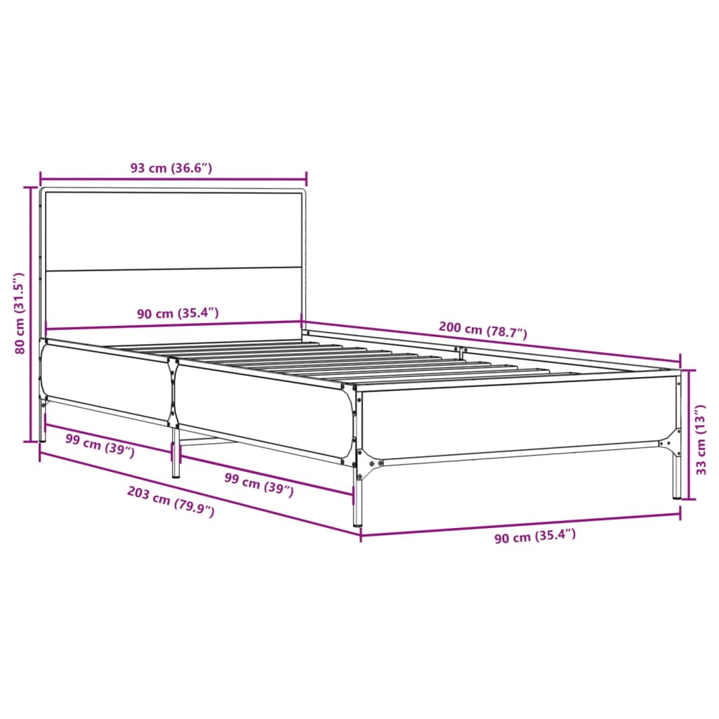 Brown Oak Bed Frame 90x200 cm - Sturdy Wood Frame Only