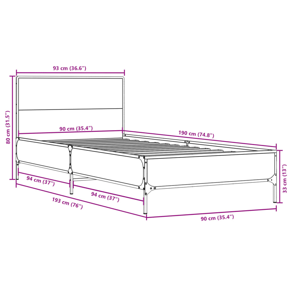 Sleek Black Metal Single Bed Frame 90x190 cm - No Mattress
