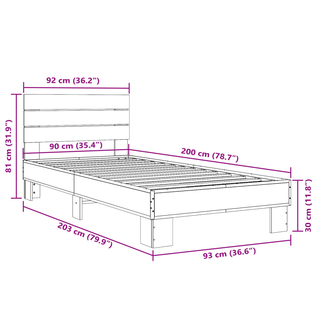 Brown Oak Bed Frame 90x200 cm - Sturdy & Elegant Design