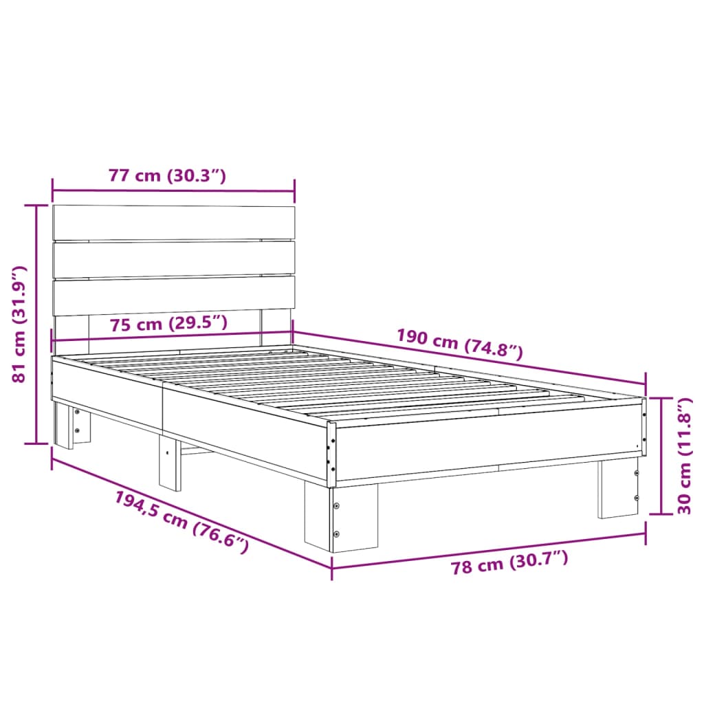 Brown Oak Bed Frame 75x190 cm - Small Single, No Mattress Included