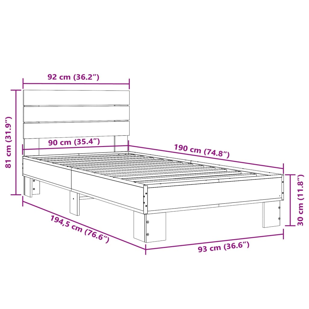 Smoked Oak Single Bed Frame 90x190 cm - No Mattress Included