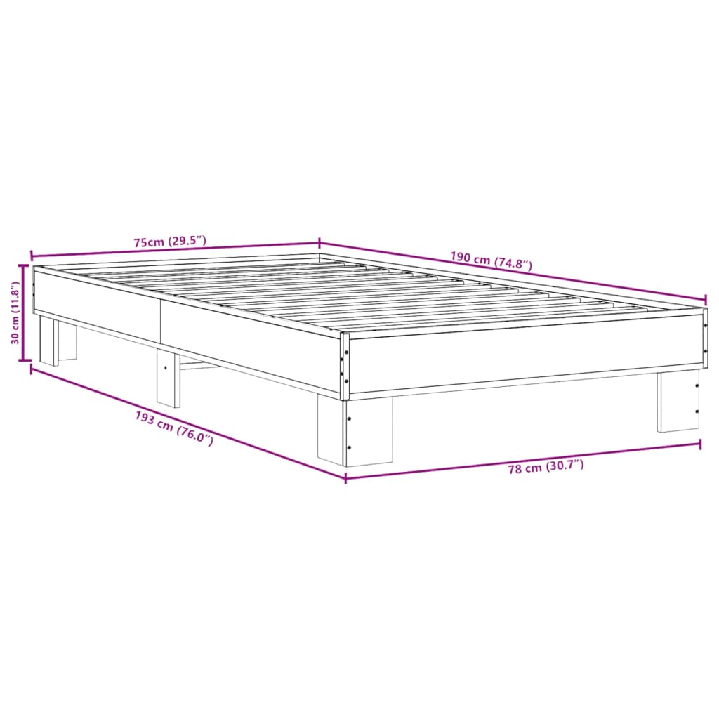 Smoked Oak Small Single Bed Frame 75x190 cm - No Mattress Included