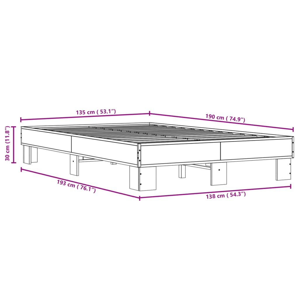 Brown Oak Double Bed Frame 135x190 cm - No Mattress Included