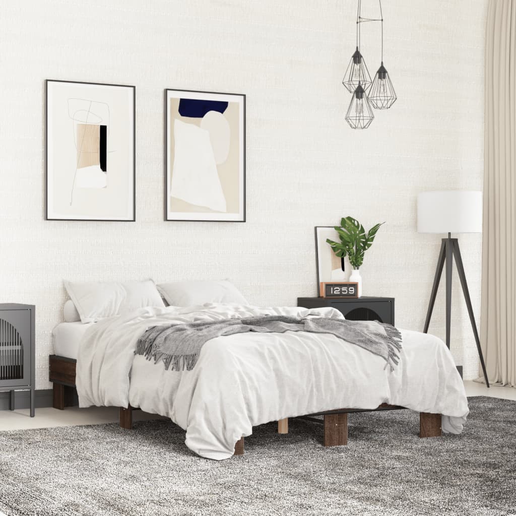 Brown Oak Double Bed Frame 135x190 cm - No Mattress Included