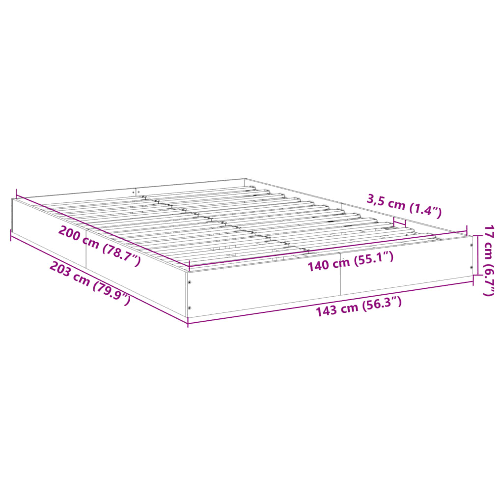 Brown Oak 140x200 cm Bed Frame - Engineered Wood, No Mattress