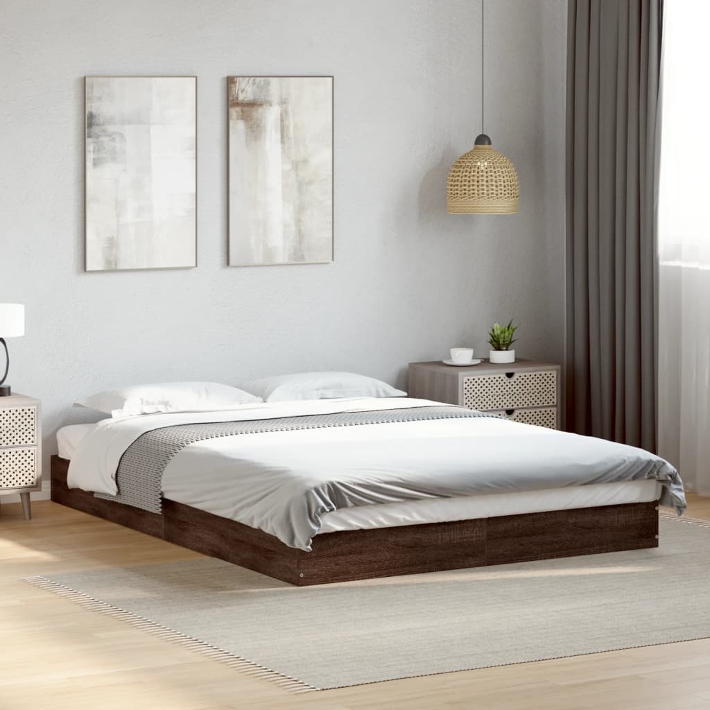 Brown Oak 140x200 cm Bed Frame - Engineered Wood, No Mattress