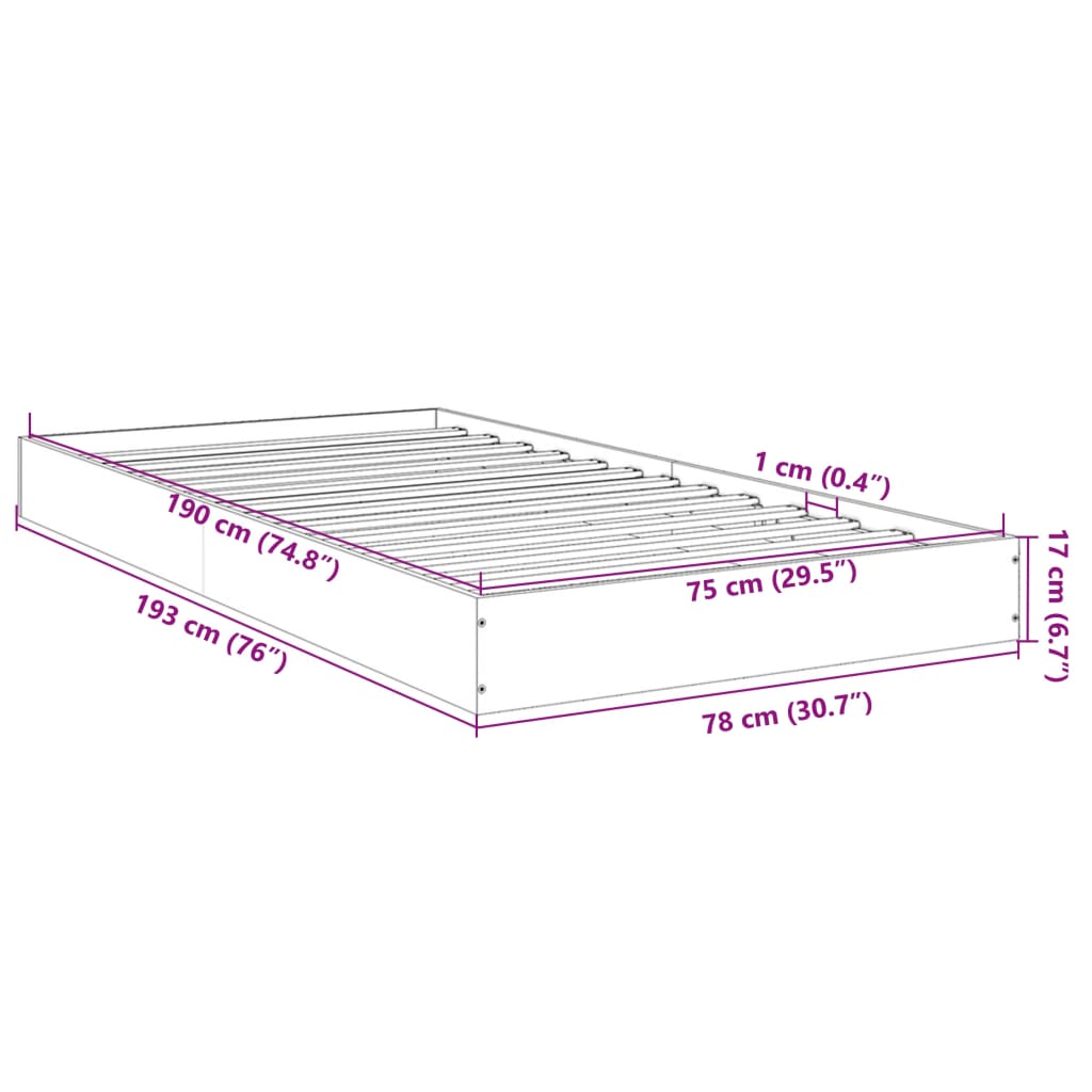 Brown Oak Small Single Bed Frame 75x190 cm - Engineered Wood
