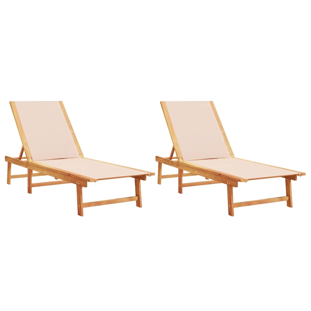 Cream Wooden Sun Loungers Set of 2 - Acacia & Textilene Comfort