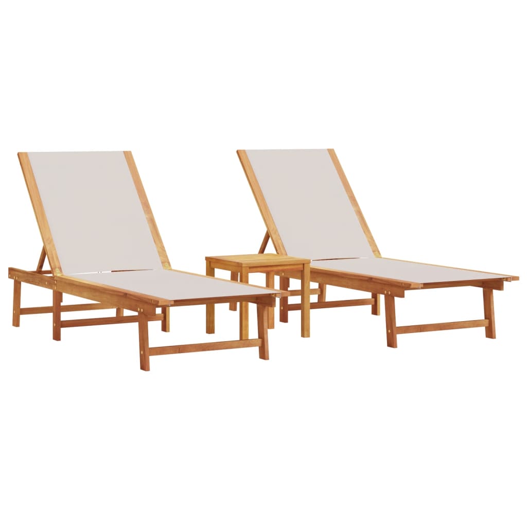 2-Piece Grey Acacia Wood Sun Loungers & Table Set - Textilene