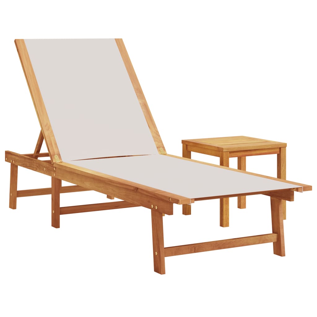 2-Piece Grey Acacia Wood Sun Loungers & Table Set - Textilene