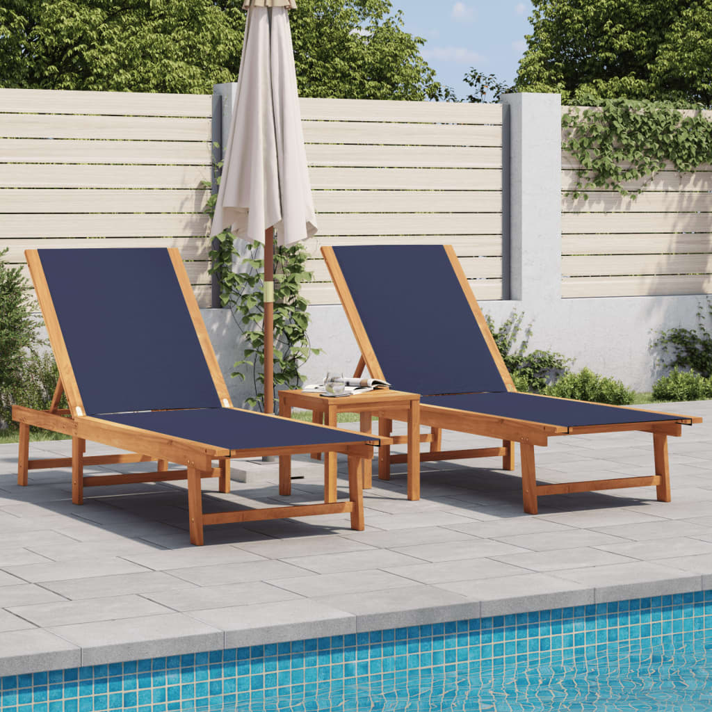 Blue Acacia Wood & Textilene Sun Loungers Set with Table - 2 Pcs