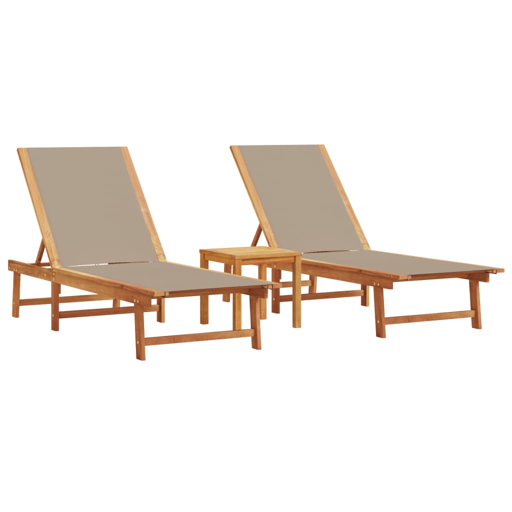 Taupe Acacia Wood & Textilene Sun Loungers Set with Table - 2 PCS