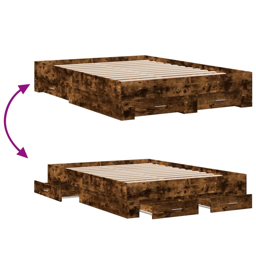 Bed Frame with Drawers without Mattress Smoked Oak 140x190 cm