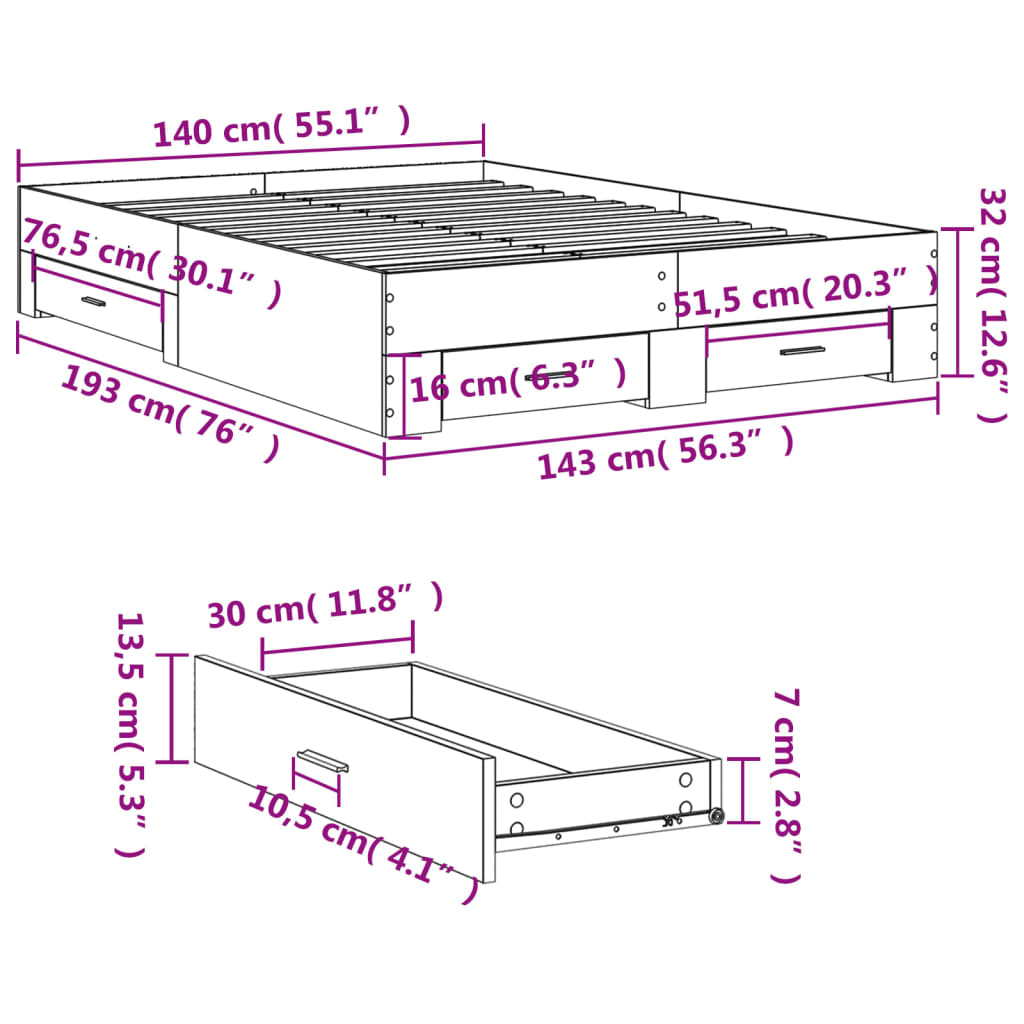 Bed Frame with Drawers without Mattress Smoked Oak 140x190 cm