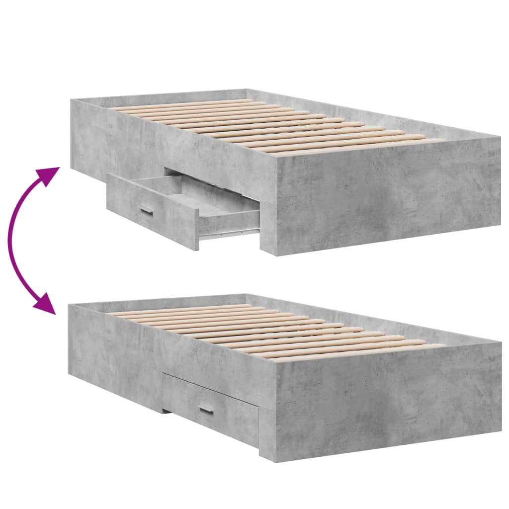 Concrete Grey Bed Frame with Drawers - 90x200 cm Storage Solution