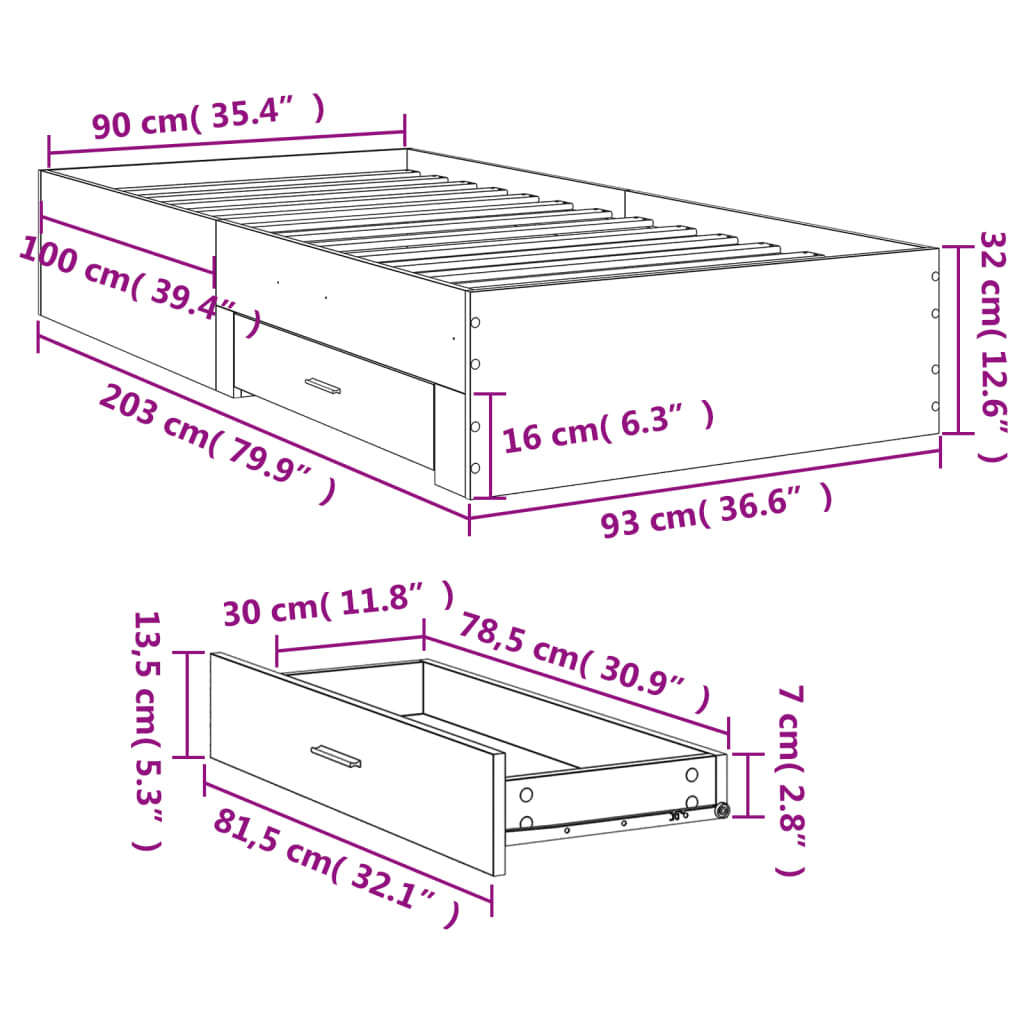 Concrete Grey Bed Frame with Drawers - 90x200 cm Storage Solution