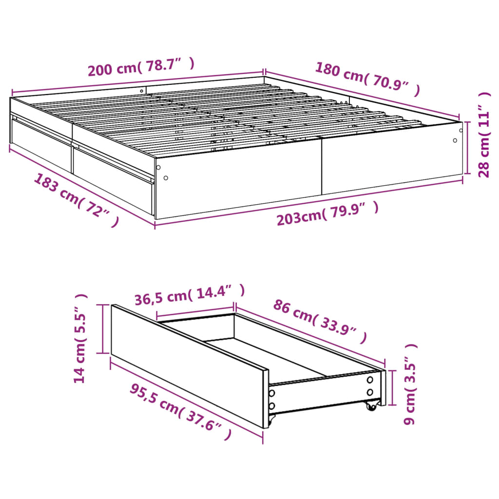 Bed Frame with Drawers without Mattress Grey Sonoma 180x200 cm Super King