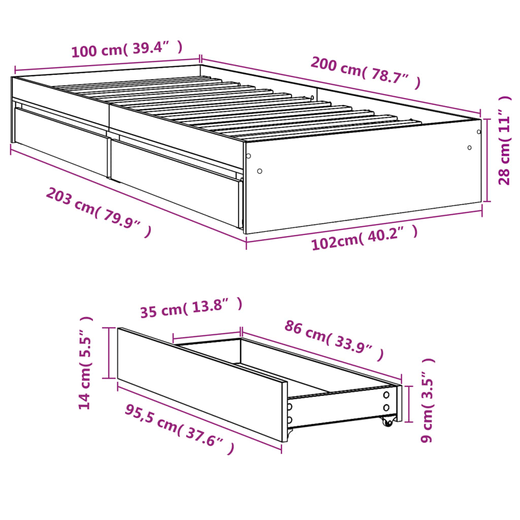 Bed Frame with Drawers without Mattress Concrete Grey 100x200 cm