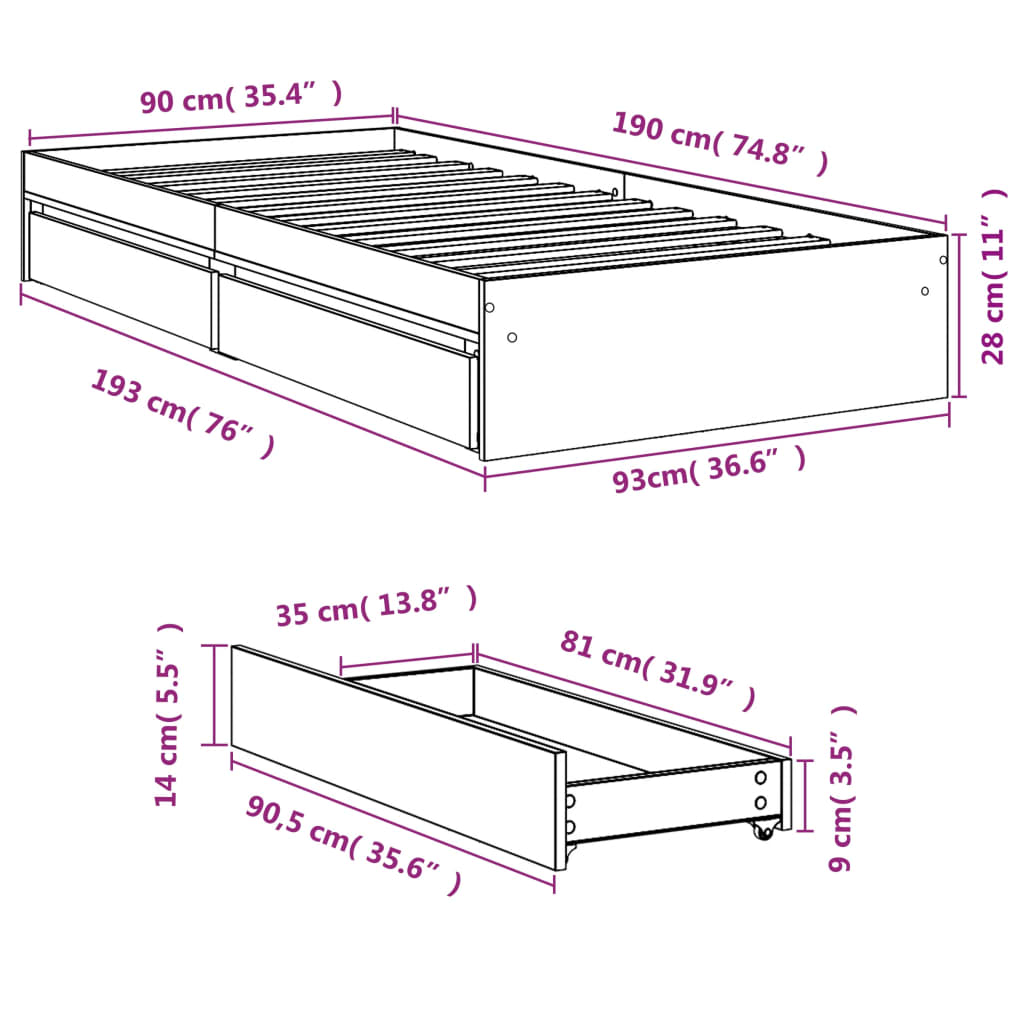 Bed Frame with Drawers without Mattress Concrete Grey 90x190 cm Single
