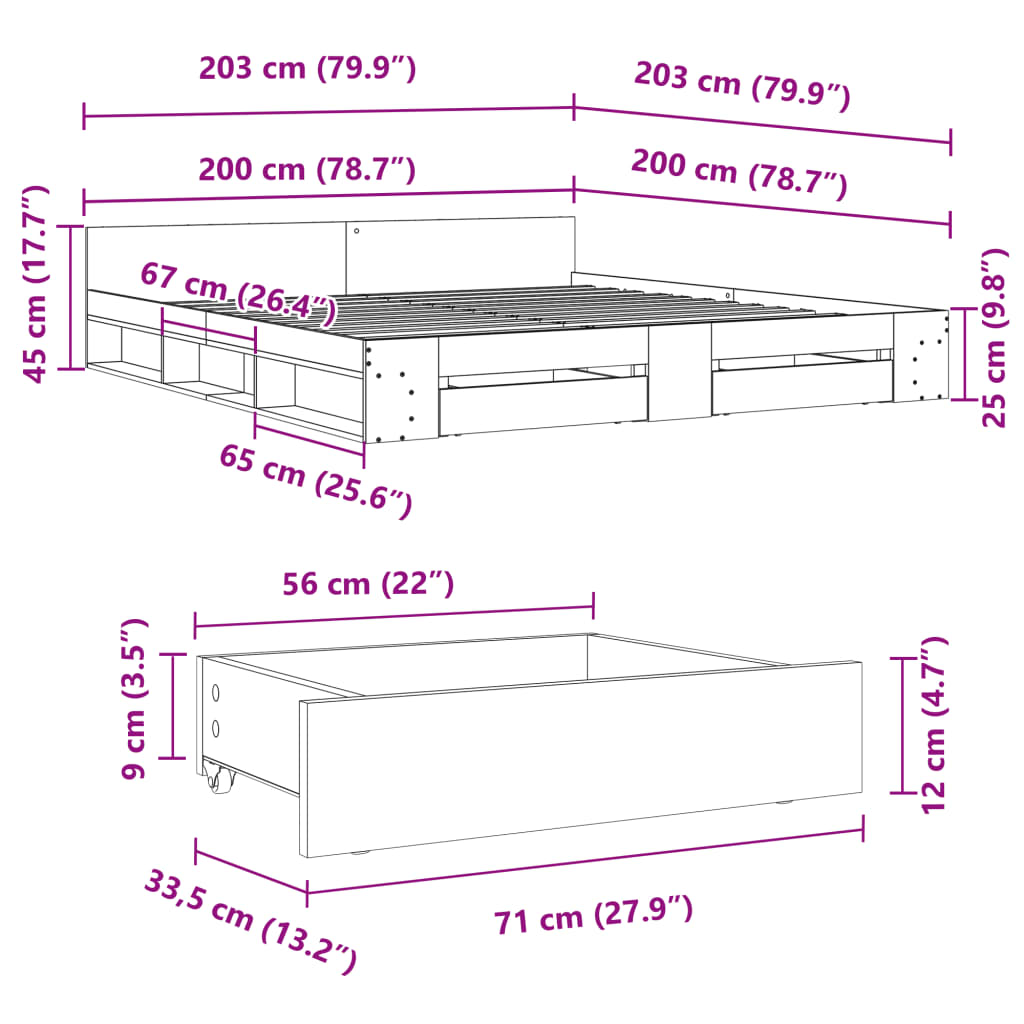 Bed Frame with Drawers without Mattress Black 200x200 cm