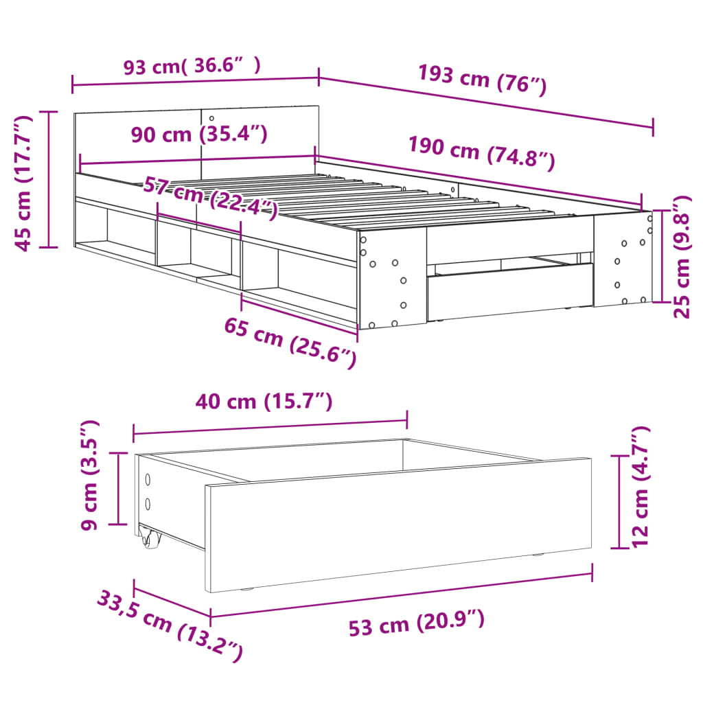 Bed Frame with Drawer without Mattress Black 90x190 cm Single