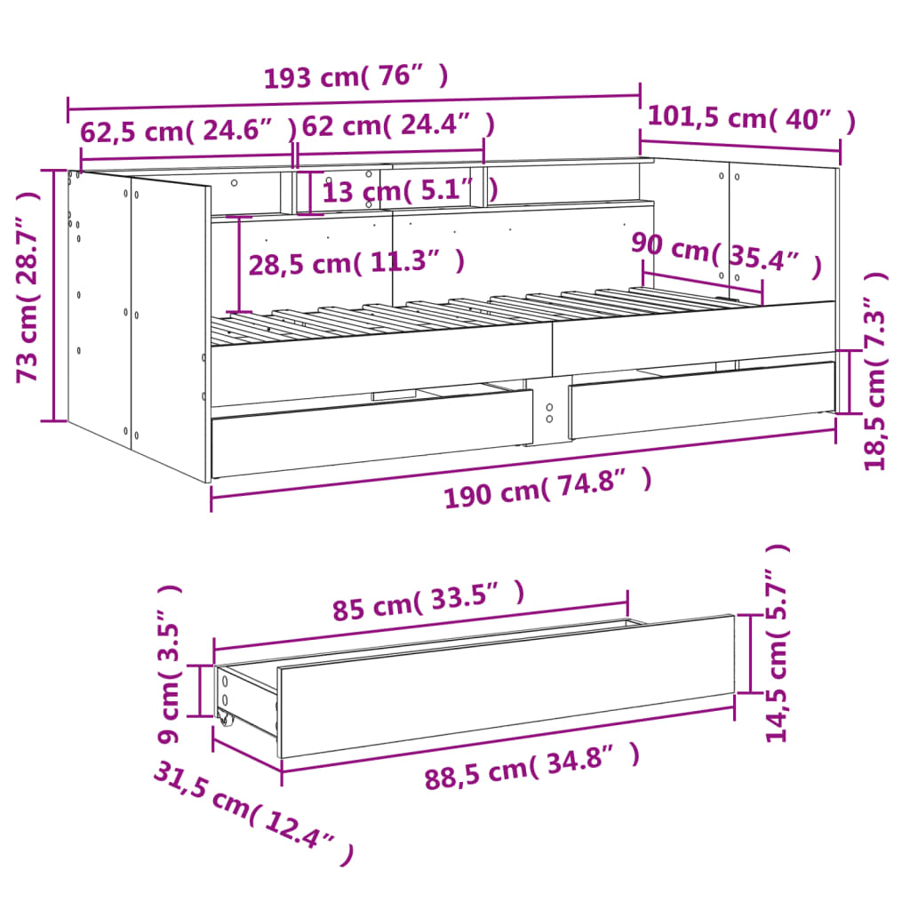 Daybed with Drawers without Mattress Grey Sonoma 90x190 cm Single