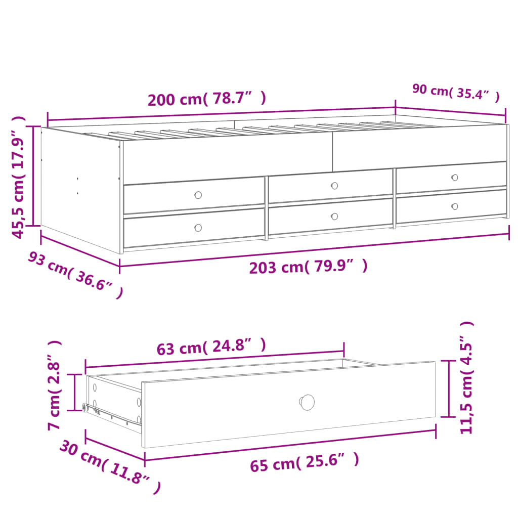 Daybed with Drawers without Mattress Black 90x200 cm