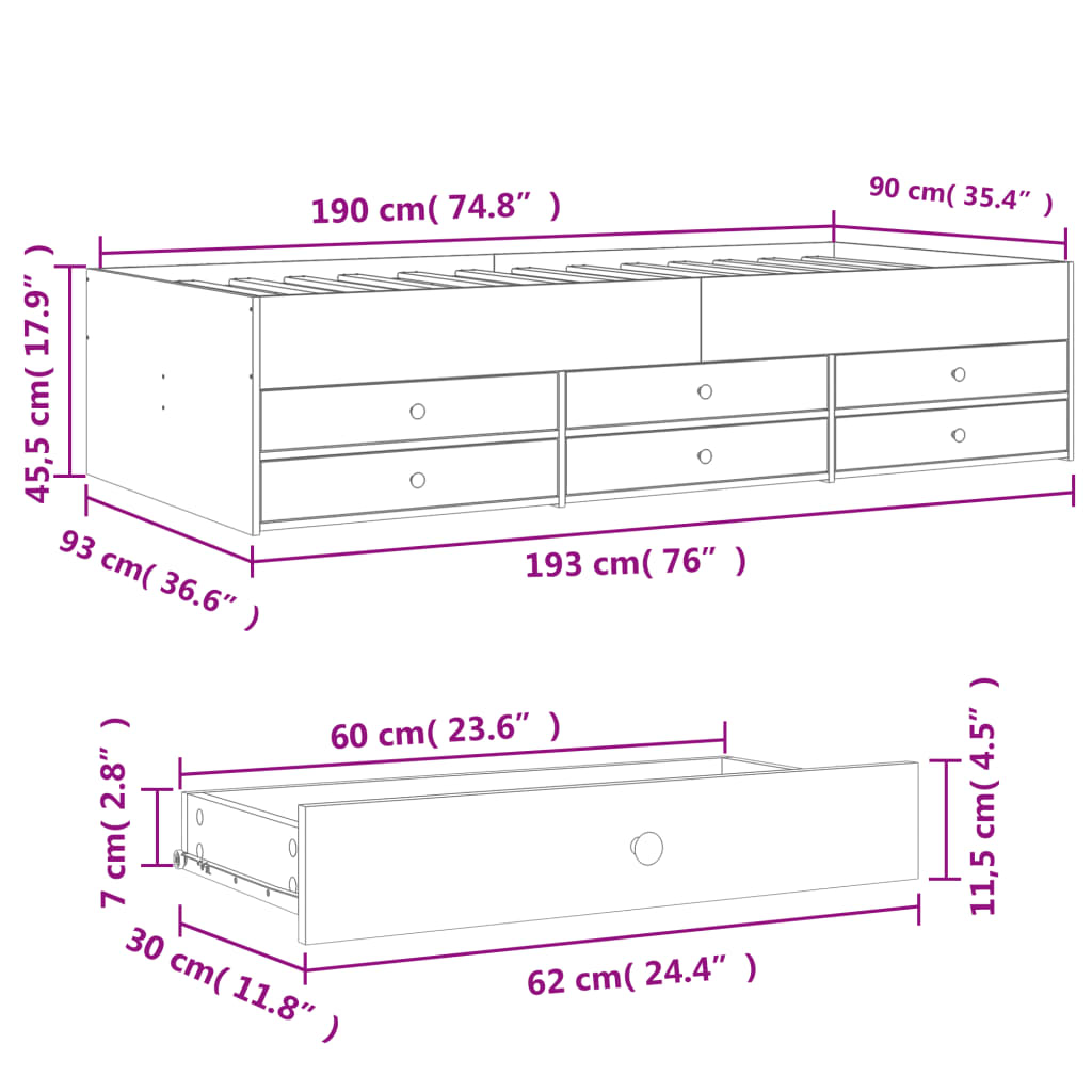 Daybed with Drawers without Mattress Concrete Grey 90x190 cm Single