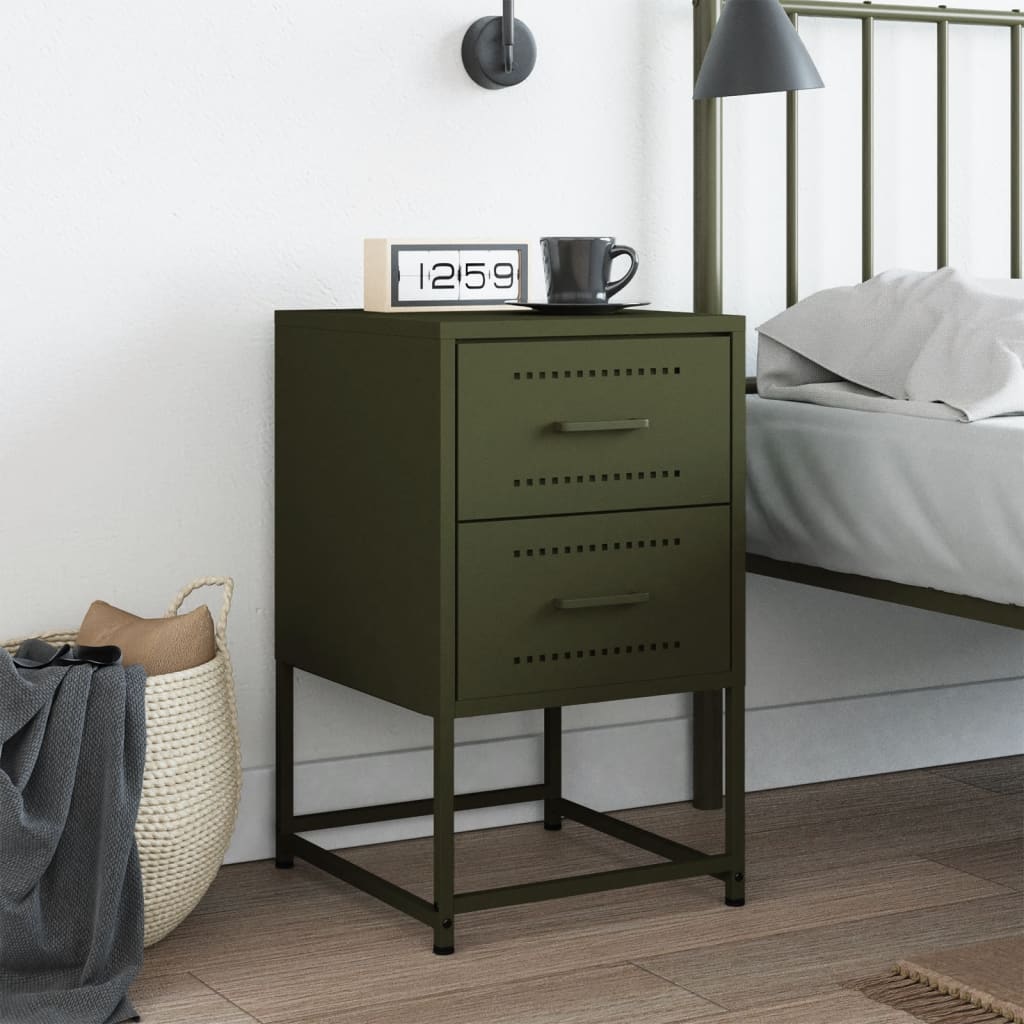 Olive Green Steel Bedside Cabinet - 36x39x60.5 cm