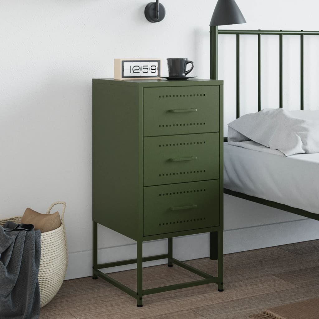 Olive Green Steel Bedside Cabinet - 36x39x78 cm