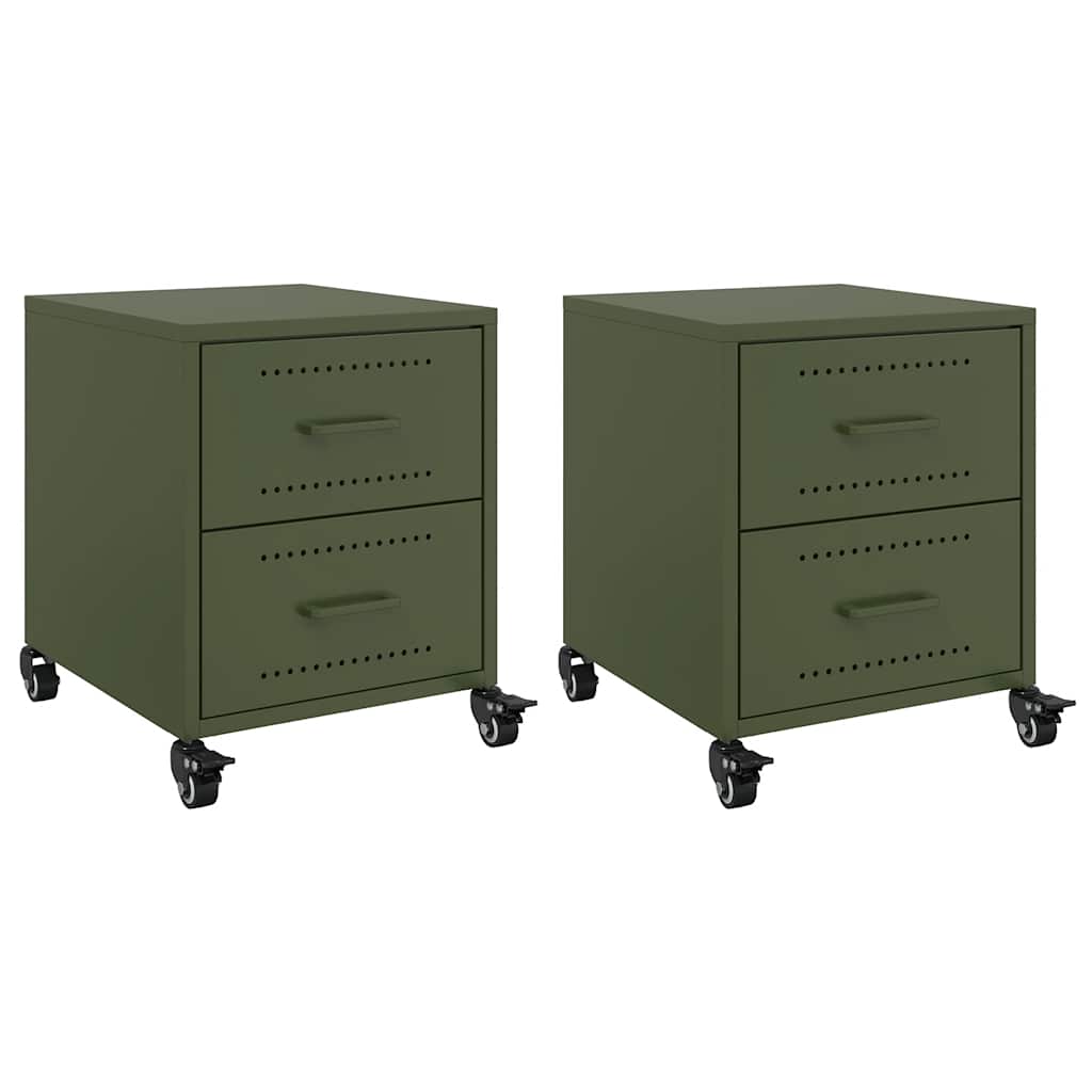 Olive Green Steel Bedside Cabinets 2-Pcs, 36x39x43.5 cm