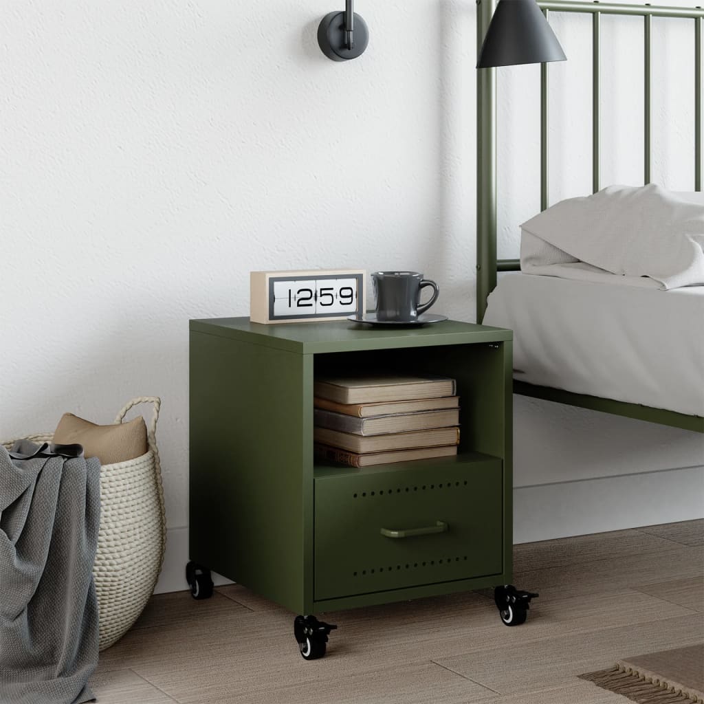 Olive Green Steel Bedside Cabinet - 36x39x43.5 cm