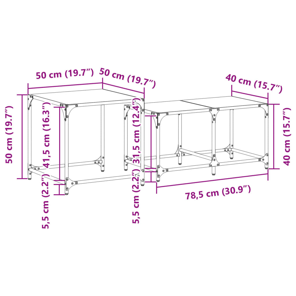 Nesting Coffee Tables 2 pcs with Black Glass Top Steel