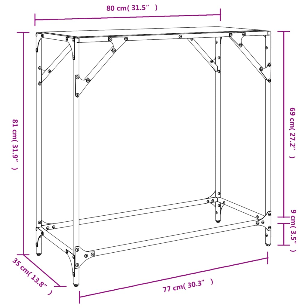 Sleek Console Table Black Glass Top 60x35x81 cm, Steel Frame