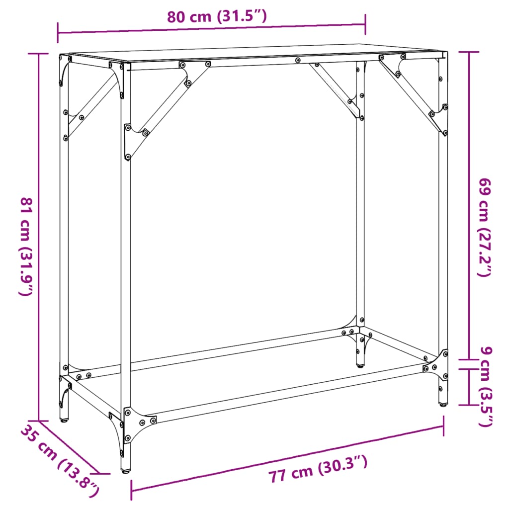 Sleek Black Glass Console Table 80x35x81 cm with Steel Frame