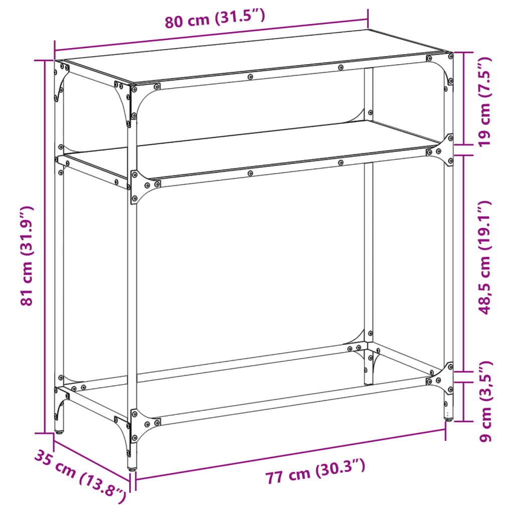 Steel Console Table with Transparent Glass Top, 80x35x81 cm