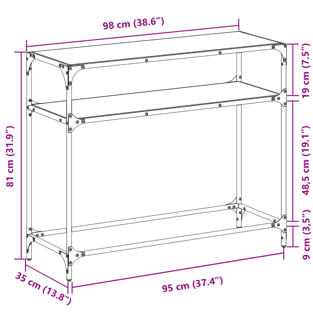 Sleek Black Glass Console Table 98x35x81 cm with Steel Frame