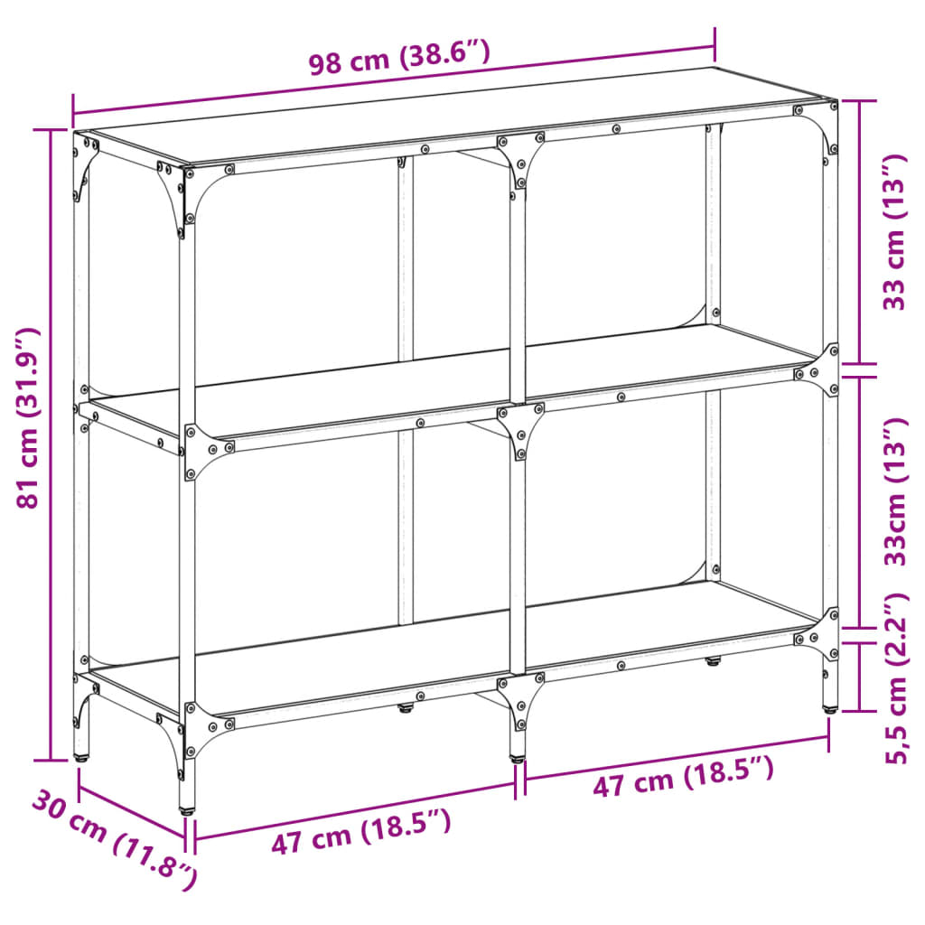 Stylish Console Table with Black Glass and Steel Frame, 98x30x81 cm