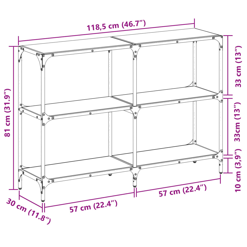 Sleek Console Table 118.5cm - Black Glass & Steel Frame